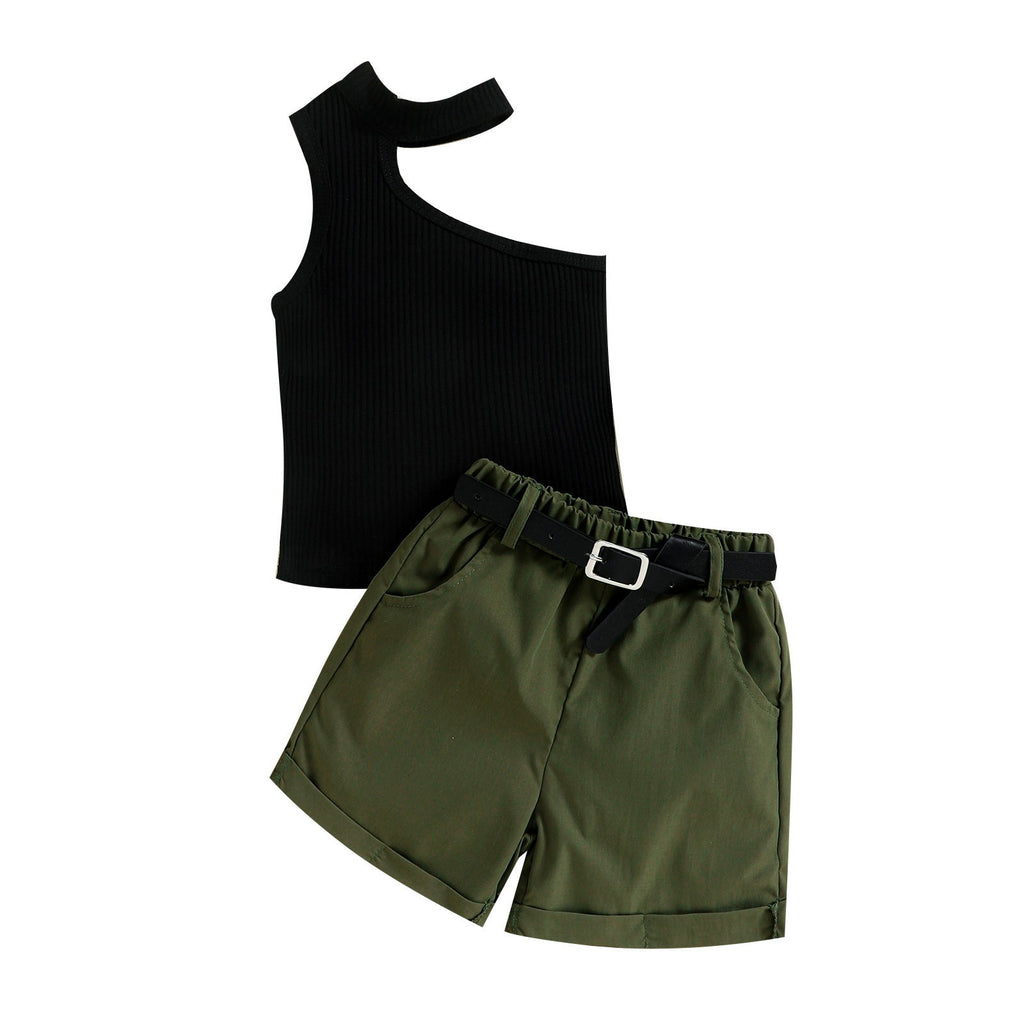 Summer Girl Ins Shoulder Halter Sunken Stripe Top Shorts Suit