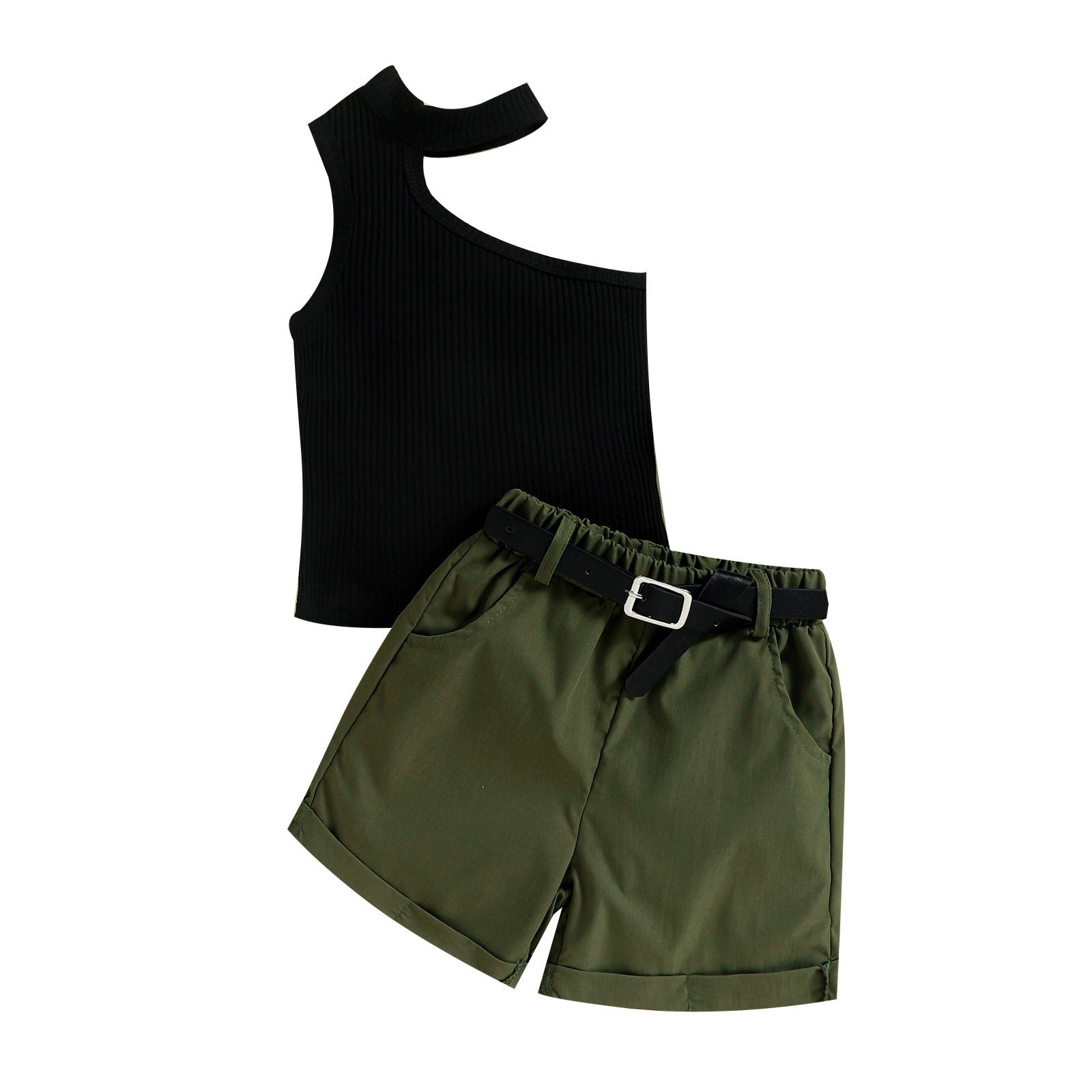 Summer Girl Ins Shoulder Halter Sunken Stripe Top Shorts Suit