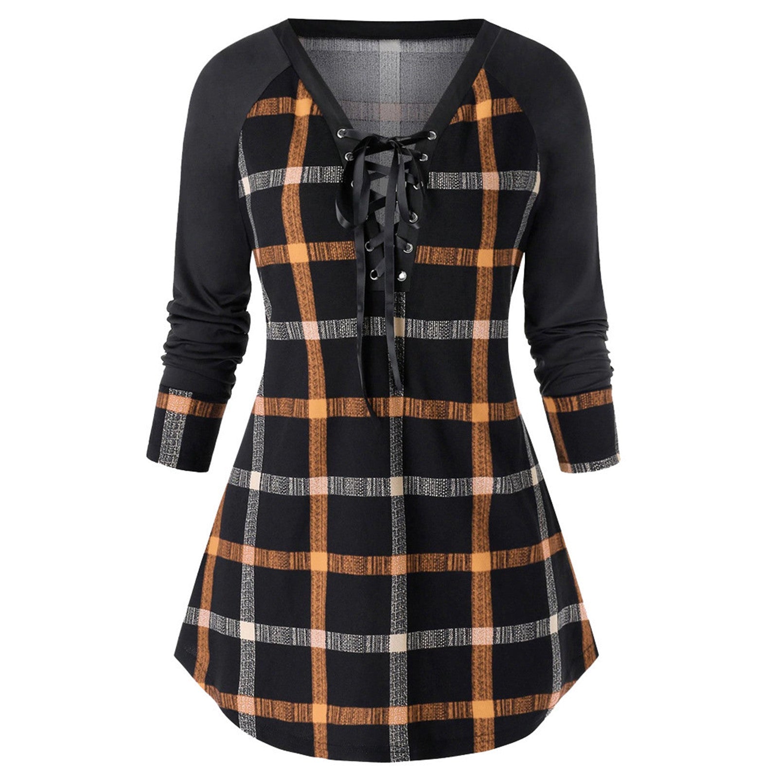 New cute Wine Red Spring And Autumn Printed Plus Size Long Sleeve Plaid Dress for young adult