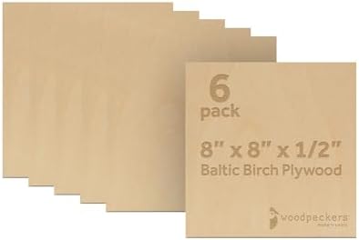 12 mm Baltic Birch Plywood 1/2 x 8 x 8 Inch, Box of 6 B/BB Grade Craft Wood, Stronger Than Basswood Sheets, for Laser, CNC Cutting and Wood Burning, by Woodpeckers