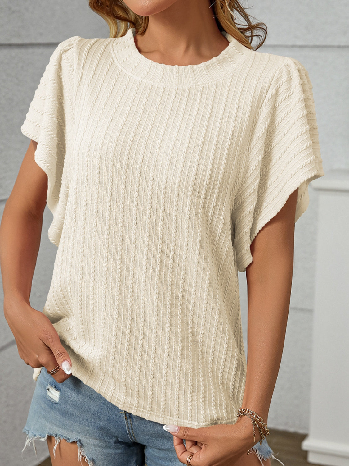 Textured Round Neck Short Sleeve Top