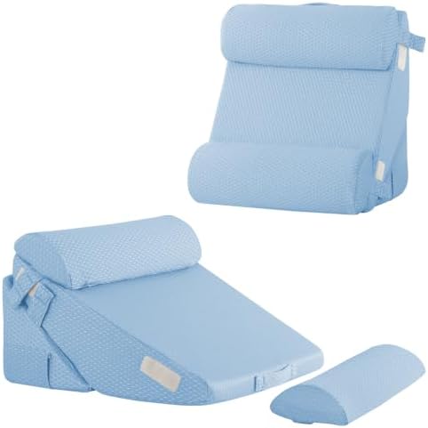 Bedluxe Adjustable 4pcs Bed Wedge Pillow Set, Memory Foam Wedges Pillow Post Surgery for Back, Neck, Leg Pain Relief, Pillows Wedge for Sleeping, Sitting up in Bed, Acid Reflux and GERD, Light Blue