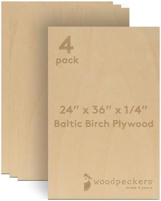 Baltic Birch Plywood 24 x 36 x 1/4 Inch - 6 mm Craft Wood, Pack of 4 B/BB Grade, Stronger Than Basswood Sheets or Balsa Wood, Perfect for Laser, CNC Cutting, Wood Burning, by Woodpeckers