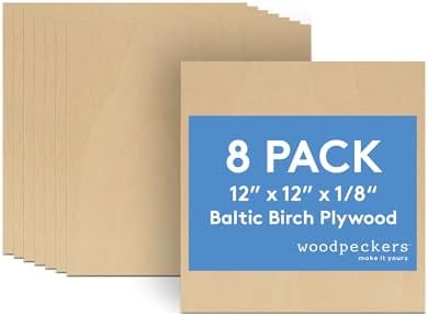 3 mm Baltic Birch Plywood 1/8 x 12 x 12 Inch, Box of 8 B/BB Grade Craft Wood, Stronger Than Basswood Sheets, for Laser, CNC Cutting and Wood Burning, by Woodpeckers