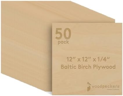 6 mm Baltic Birch Plywood 1/4 x 12 x 12 Inch, Box of 50 B/BB Grade Craft Wood, Stronger Than Basswood Sheets, for Laser, CNC Cutting and Wood Burning, by Woodpeckers