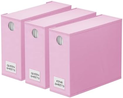 SpaceAid 3 Pack Bed Sheet Organizers and Storage, Foldable Sheet Organizer for Linen Closet, Set Folder Keeper with Window XL (Queen & King Size) Bedding Container (Pink, 3 Pack)