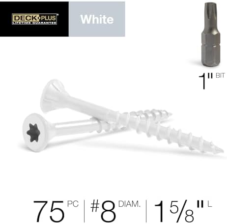 Deck Plus 1-5/8 Inch Epoxy Coated Exterior Wood and Fence Screws #8 x 1-5/8" Torx/Star Drive Included Coarse Thread, Outdoor Rust Resistant Decking Screw, White, 75 Pieces | 42667