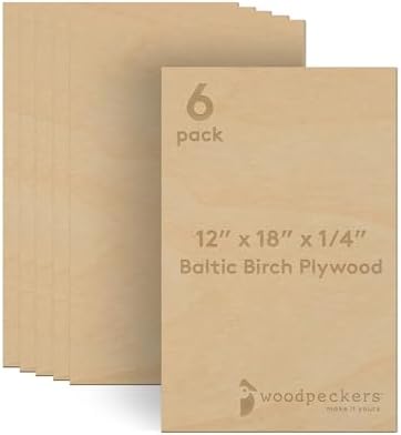 6 mm Baltic Birch Plywood 1/4 x 12 x 18 Inch, Box of 6 B/BB Grade Craft Wood, Stronger Than Basswood Sheets, for Laser, CNC Cutting and Wood Burning, by Woodpeckers