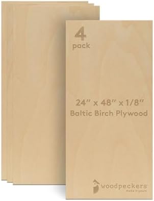 Baltic Birch Plywood 24 x 48 x 1/8 Inch - 3 mm Craft Wood, Pack of 4 B/BB Grade, Stronger Than Basswood Sheets or Balsa Wood, Perfect for Laser, CNC Cutting, Wood Burning, by Woodpeckers