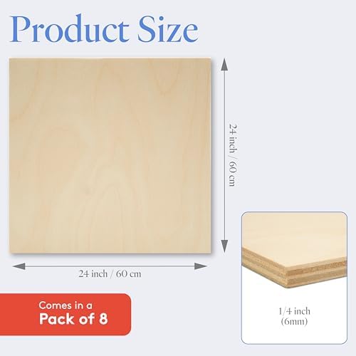 6 mm Baltic Birch Plywood 1/4 x 24 x 24 Inch, Box of 8 B/BB Grade Craft Wood, Stronger Than Basswood Sheets, for Laser, CNC Cutting and Wood Burning, by Woodpeckers