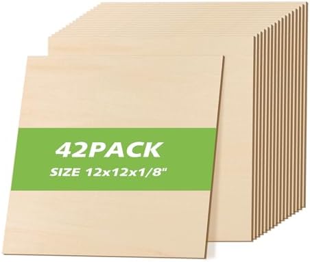 42PCS Basswood Sheets 12" x 12" x 1/8" (3mm) – Flat & Clean Thin Basswood Sheets for Laser Cutting & Engraving, Consistent Quality Wood Sheets for Wood Burning, Painting, Staining, DIY Ornaments Model