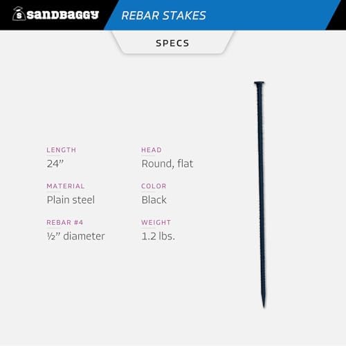 Sandbaggy 24" Steel Rebar Stakes with Nail Head - Garden Stakes (#4 Rebar - 1/2" Diameter) - l-Shape - Ground Stake, Pins, Landscaping Spikes, Construction (5, Count)