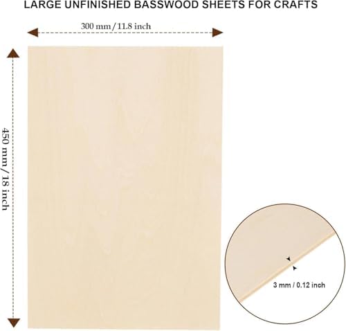 36 Pack Basswood Sheets for Crafts 12"x18"x1/8", 3mm Thick Plywood Sheets Board for Craft, Unfinished Wood Sheet for Laser Cutting & Engraving, Wood Burining, Painting, Staining，Architectural Model