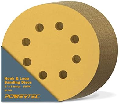 POWERTEC 50 PCS 60 Grit - 5 Inch 8 Hole Hook and Loop Sanding Discs, 5" Sanding Pads for Automotive, Drywall, Woodworking with Orbital Sander, Air, and DA Sander (44006G-50)