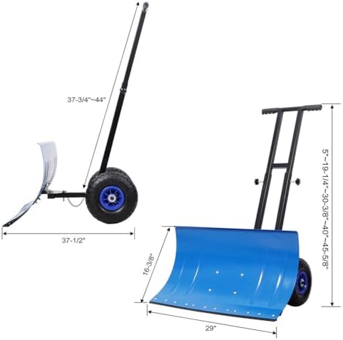 Snow Shovel with Wheels for Driveway, 29 Inch Heavy Duty Wheeled Snow Pusher with Adjustable Handle & Multi-Angle Blade, Steel Snow Plow for Sidewalk, Patio, Yard