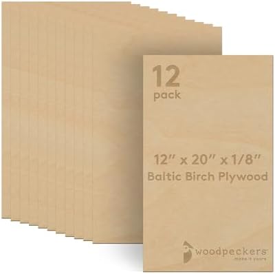 3 mm Baltic Birch Plywood 1/8 x 12 x 20 Inch, Box of 12 B/BB Grade Craft Wood, Stronger Than Basswood Sheets, for Laser, CNC Cutting and Wood Burning, by Woodpeckers