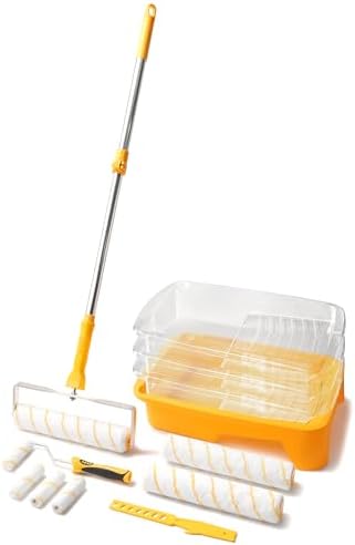 Voomey 12-Inch Paint Roller Kit with Extension Pole, 12” Paint Tray with Liners, Heavy Duty Roller Frame & Long Paint Rollers, Ideal for Walls, Interior & Exterior Painting