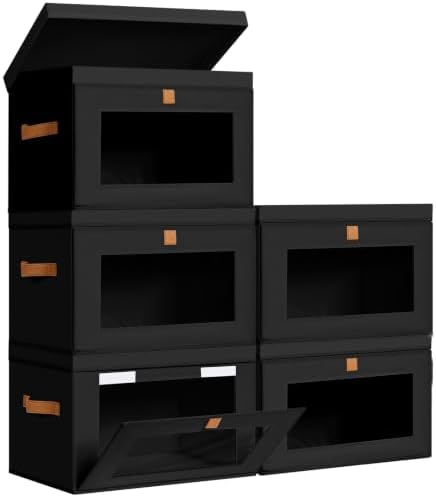 DIMJ Storage Bins with Lids - 5 Pack Large Fabric Closet Organizer with Window & Handles, Collapsible Decorative Storage Boxes for Shelves Under Bed, Books Clothes Blankets Sweaters Organization
