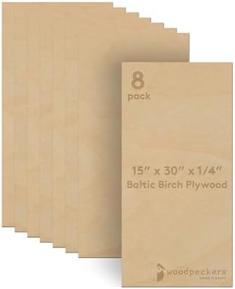 Baltic Birch Plywood 15 x 30 x 1/4 Inch - 6 mm Craft Wood, Pack of 8 B/BB Grade, Stronger Than Basswood Sheets or Balsa Wood, Perfect for Laser, CNC Cutting, Wood Burning, by Woodpeckers