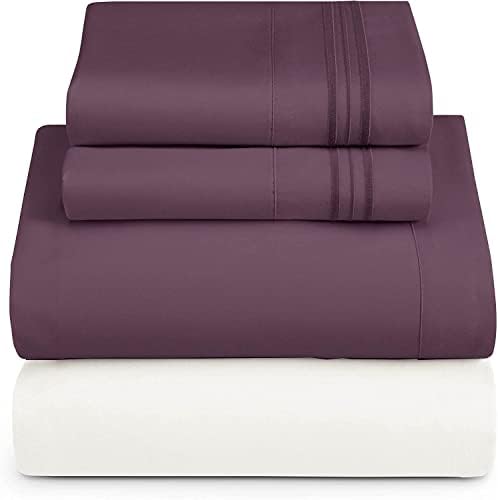 Nestl Queen Sheets Set - 4 Piece Queen Bed Sheets, Extra Soft, Double Brushed Bedding for Queen Size, 2 Tone White/Eggplant Set, White Fitted Sheet, Eggplant Flat Sheet, Eggplant Pillow Case