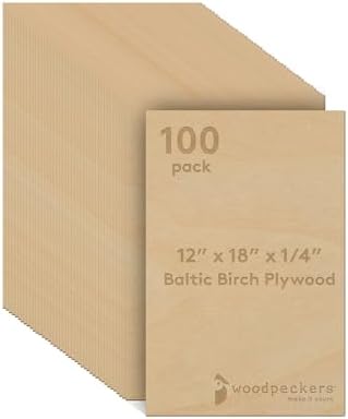 6 mm Baltic Birch Plywood 1/4 x 12 x 18 Inch, Box of 100 B/BB Grade Craft Wood, Stronger Than Basswood Sheets, for Laser, CNC Cutting and Wood Burning, by Woodpeckers
