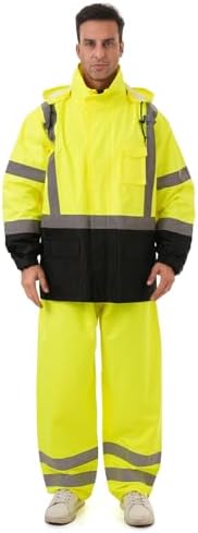 Hi Vis Safety rain Jacket，Reflective Class 3 Rain coat with Inner Mesh Lining and Pockets High Visibility Waterproof work Rain Suits for men&women（Lime,LG/XL）