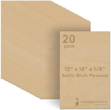 3 mm Baltic Birch Plywood 1/8 x 12 x 18 Inch, Box of 20 B/BB Grade Craft Wood, Stronger Than Basswood Sheets, for Laser, CNC Cutting and Wood Burning, by Woodpeckers