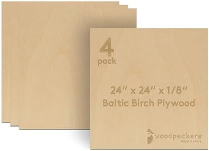 3 mm Baltic Birch Plywood 1/8 x 24 x 24 Inch, Box of 4 B/BB Grade Craft Wood, Stronger Than Basswood Sheets, for Laser, CNC Cutting and Wood Burning, by Woodpeckers