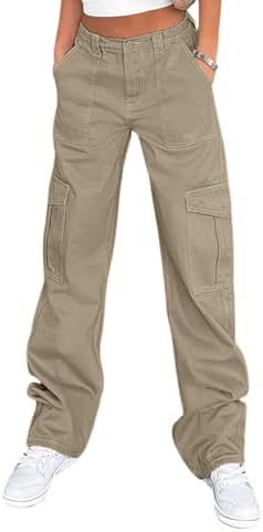 Lepunuo Cargo Pants for Women High Waisted Casual Pants Baggy Stretchy Wide Leg Y2K Streetwear with 6 Pockets