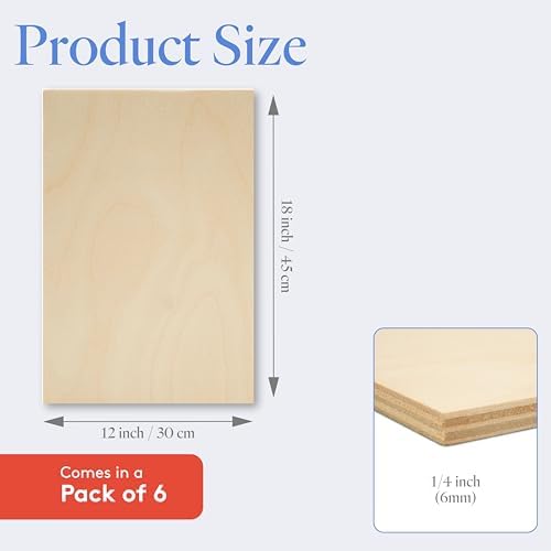 6 mm Baltic Birch Plywood 1/4 x 12 x 18 Inch, Box of 6 B/BB Grade Craft Wood, Stronger Than Basswood Sheets, for Laser, CNC Cutting and Wood Burning, by Woodpeckers