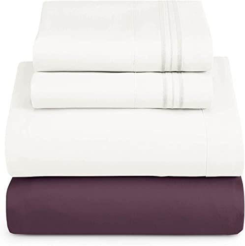 Nestl Twin XL Sheets Set - 3 Piece XL Twin Bed Sheets, Extra Soft Double Brushed Bedding for Adjustable Bed, 2 Tone Eggplant/White Set, Eggplant Fitted Sheet, White Flat Sheet, White Pillow Case
