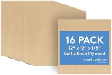 3 mm Baltic Birch Plywood 1/8 x 12 x 12 Inch, Box of 16 B/BB Grade Craft Wood, Stronger Than Basswood Sheets, for Laser, CNC Cutting and Wood Burning, by Woodpeckers
