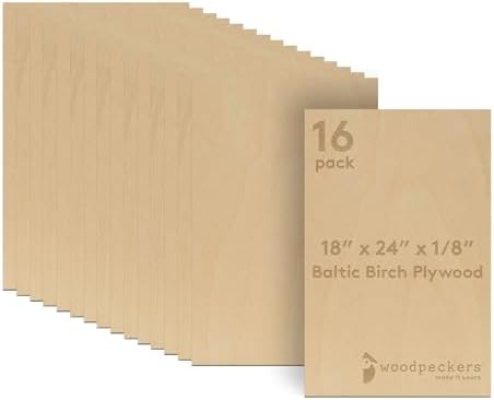3 mm Baltic Birch Plywood 1/8 x 18 x 24 Inch, Box of 16 B/BB Grade Craft Wood, Stronger Than Basswood Sheets, for Laser, CNC Cutting and Wood Burning, by Woodpeckers