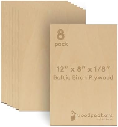 Baltic Birch Plywood, 3 mm 1/8 Craft Wood, B/BB Grade Baltic Birch Sheets, Stronger Than Basswood Sheets, Perfect for Laser, CNC Cutting and Wood Burning, by Woodpeckers (8, 12" x 8", 1/8" Thick)