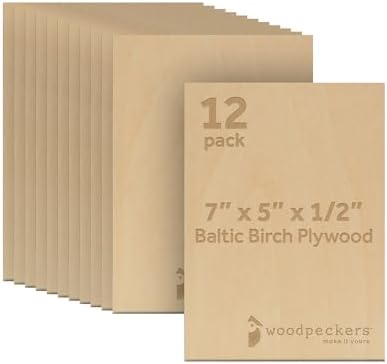 12 mm Baltic Birch Plywood 1/2 x 5 x 7 Inch, Box of 12 B/BB Grade Craft Wood, Stronger Than Basswood Sheets, for Laser, CNC Cutting and Wood Burning, by Woodpeckers