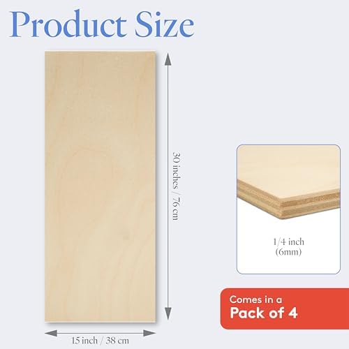 Baltic Birch Plywood 15 x 30 x 1/4 Inch - 6 mm Craft Wood, Pack of 4 B/BB Grade, Stronger Than Basswood Sheets or Balsa Wood, Perfect for Laser, CNC Cutting, Wood Burning, by Woodpeckers