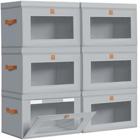 DIMJ Storage Bins with Lids - 6 Pack Large Fabric Closet Organizer with Window & Handles, Collapsible Decorative Storage Boxes for Shelves Under Bed, Books Clothes Blankets Sweaters Organization