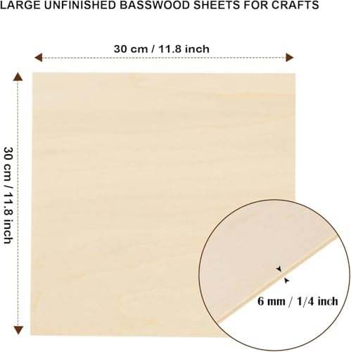 24 Pack Basswood Sheets for Crafts 12"x12"x1/4", 6mm Thick Plywood Sheets Board for Craft, Unfinished Wood Sheet for Laser Cutting & Engraving, Wood Burining, Painting, Staining，Architectural Model