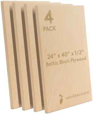 Baltic Birch Plywood 24 x 40 x 1/2 Inch - 12 mm Craft Wood, Pack of 4 B/BB Grade, Stronger Than Basswood Sheets or Balsa Wood, Perfect for Laser, CNC Cutting, Wood Shelves, by Woodpeckers