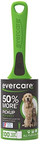 Evercare Pet Hair Lint Rollers All Purpose Use 100 Easy-Tear Sheets Per Roll Reusable Sticky Roller Pets Cat & Dog Hair Remover Contoured Handle For Furniture Clothing & Cars, Set of 3, Green