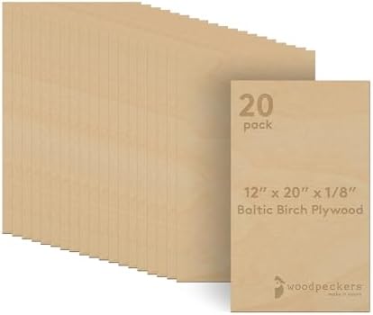 3 mm Baltic Birch Plywood 1/8 x 12 x 20 Inch, Box of 20 B/BB Grade Craft Wood, Stronger Than Basswood Sheets, for Laser, CNC Cutting and Wood Burning, by Woodpeckers