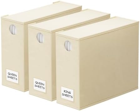 SpaceAid 3 Pack Bed Sheet Organizers and Storage, Foldable Linen Closet Organizer, Set Folder Keeper With Window XL (Queen & King Size) Bedding Container (Beige)