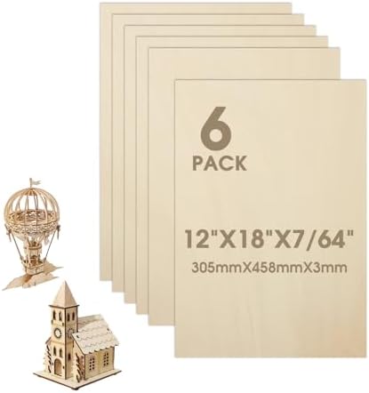 6 Pack Basswood Sheets 12"×18"×7/64" Unfinished Plywood Sheet