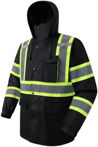 JKSafety Hi Vis Rain Jacket for Men Women Safety Rain Gear Black L
