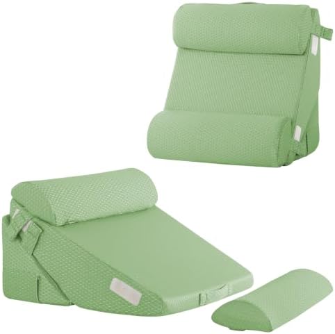 Bedluxe Adjustable 4pcs Bed Wedge Pillow Set, Memory Foam Wedges Pillow Post Surgery for Back, Neck, Leg Pain Relief, Pillows Wedge for Sleeping, Sitting up in Bed, Acid Reflux and GERD, Green