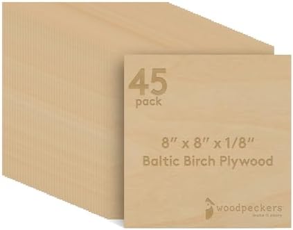 Baltic Birch Plywood, 3 mm 1/8 Craft Wood, B/BB Grade Baltic Birch Sheets, Stronger Than Basswood Sheets, Perfect for Laser, CNC Cutting and Wood Burning, by Woodpeckers (45, 8" x 8", 1/8" Thick)
