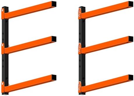 Homydom Heavy Duty Wall Mounted Lumber Storage Rack, 3-Level, 4 Pack Metal Garage Shelving System for Wood, Pipes & Skis, 300 Lbs Capacity Organizer Bracket (Black/Orange)
