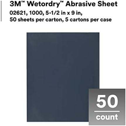 3M Wetordry Abrasive Sheet, 434Q, 02621, 1000+ Grit, 5 1/2 in x 9 in, Pack of 50 Heavy Duty Sandpaper Sheets for Auto Sanding, Metal Sanding, Finishing, Paint Prep (Pack of 5)