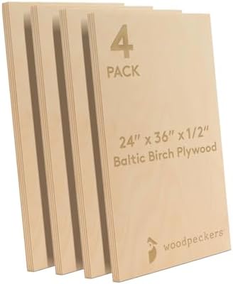Baltic Birch Plywood 24 x 36 x 1/2 Inch - 12 mm Craft Wood, Pack of 4 B/BB Grade, Stronger Than Basswood Sheets or Balsa Wood, Perfect for Laser, CNC Cutting, Wood Shelves, by Woodpeckers