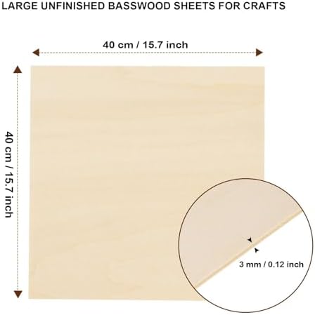 12 Pack Basswood Sheets for Crafts 16"x16"x1/8", 3mm Thick Plywood Sheets Board for Craft, Unfinished Wood Sheet for Laser Cutting & Engraving, Wood Burining, Painting, Staining，Architectural Model